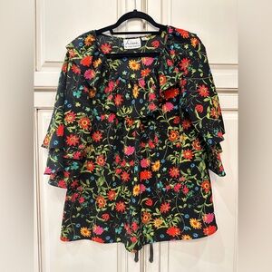 Linea by Louis Dell'Olio Black and Orange Ruffled 3/4 Sleeve Blouse